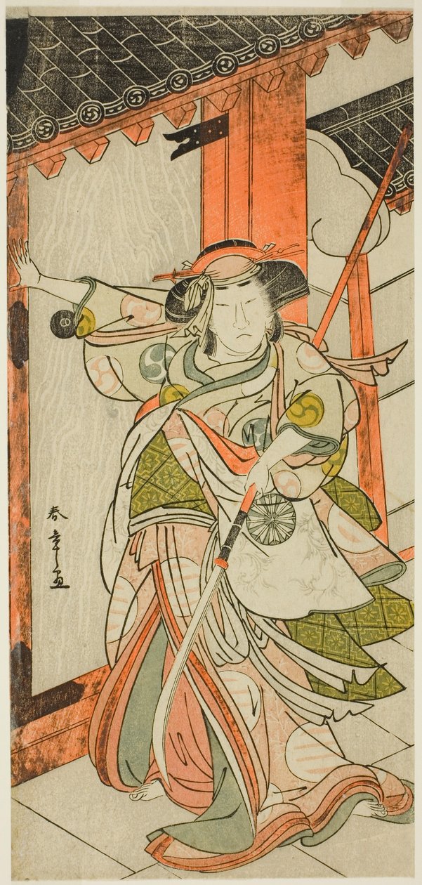 Der Schauspieler Nakamura Tomijuro I als Hangaku Gozen, der das Tor im Stück Wada-gassen Onna Maizuru (Der Wada-Konflikt: Ein Maizuru der Frau) durchbricht, aufgeführt im Nakamura-Theater ab dem fünfundzwanzigsten Tag des siebten Monats, 1777 von Katsukawa Shunsho