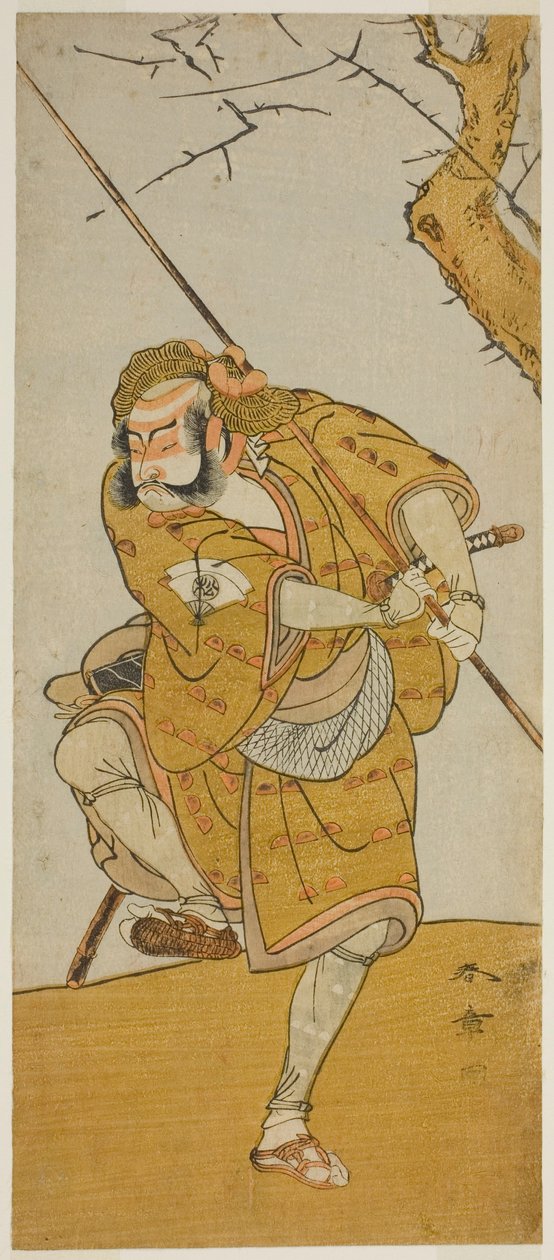 Der Schauspieler Onoe Matsusuke I als Kobayashi no Asahina verkleidet als Vogelfänger im Stück Edo no Haru Meisho Soga, aufgeführt im Ichimura-Theater im dritten Monat, 1773 von Katsukawa Shunsho