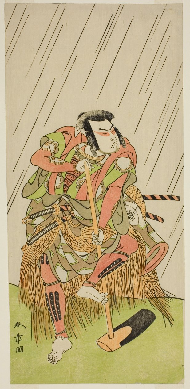 Der Schauspieler Onoe Matsusuke I als Nakaomi Katsumi verkleidet als Bauer Datta no Nizo, im Stück Shitenno-ji Nobori Kuyo, aufgeführt im Ichimura-Theater im achten Monat, 1773 von Katsukawa Shunsho