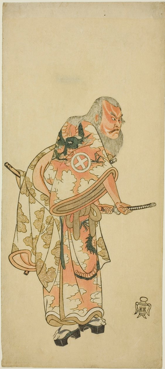 Der Schauspieler Otani Hiroemon III als Hige no Ikyu in der Szene „Sukeroku“ im Stück "Hitokidori Harutsuge Soga" ("Das Soga-Stück: Ankündigung der Frühlingssaison durch die Buschgrasmücke") von Katsukawa Shunsho