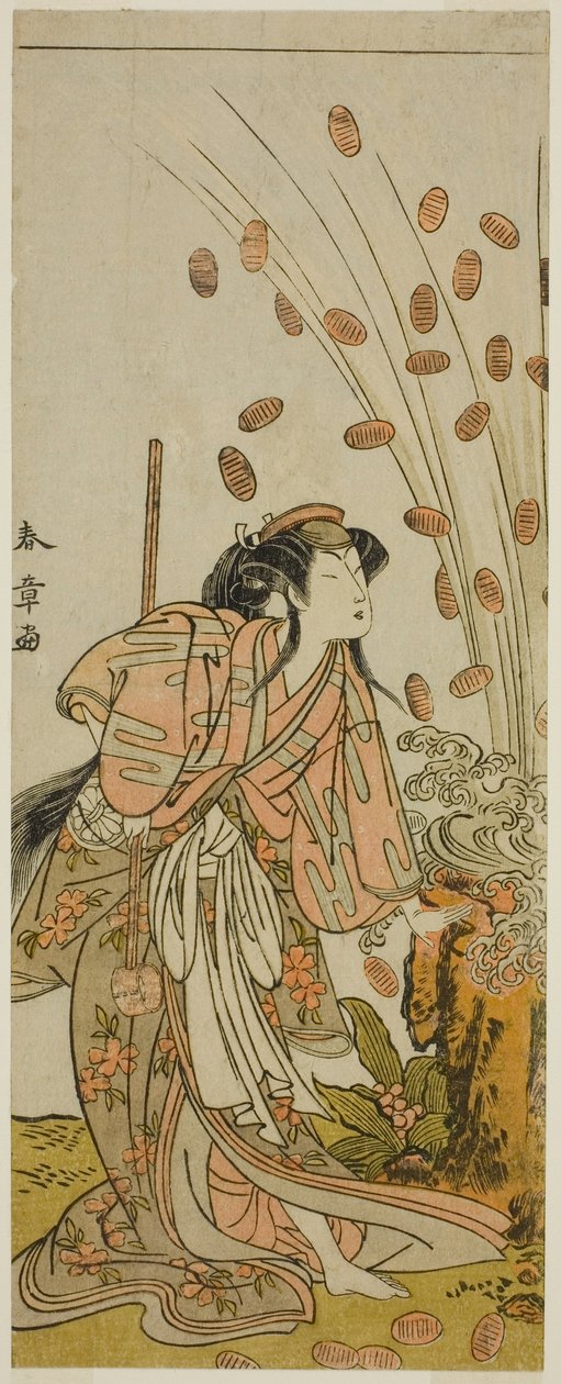 Der Schauspieler Segawa Kikunojo III als Hito-maru verkleidet als die Kurtisane Chiyozaki, im Stück Kuruwa no Hana Katsuragi no Kane, aufgeführt im Ichimura Theater im dritten Monat, 1775 von Katsukawa Shunsho