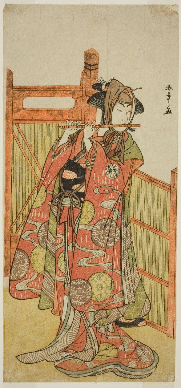 Der Schauspieler Segawa Kikunojo III als Kojoro-gitsune verkleidet als Floristin Okiku im Stück Mure Takamatsu Yuki no Shirahata, aufgeführt im Ichimura-Theater im elften Monat, 1780 von Katsukawa Shunsho
