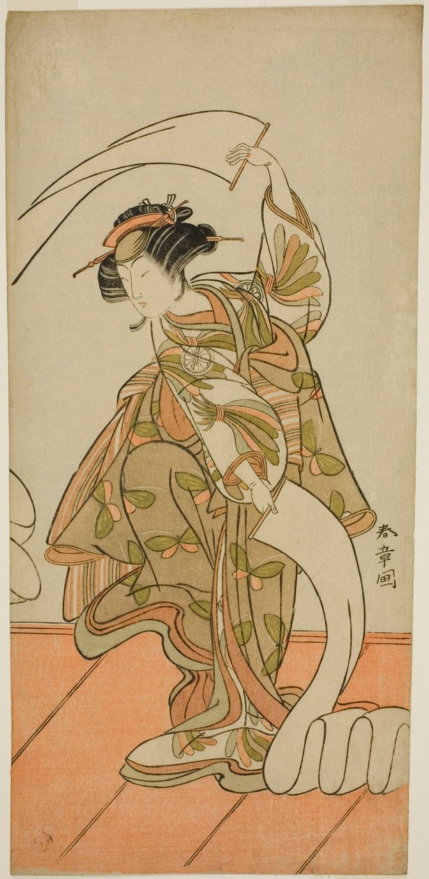 Der Schauspieler Segawa Kikunojo III als Kurtisane Kisegawa in einem "Nuno Sarashi"-Tanz, im Stück Hana-zumo Genji Hiiki, aufgeführt im Nakamura-Theater im elften Monat, 1775 von Katsukawa Shunsho