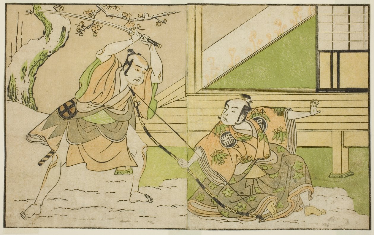Die Schauspieler Arashi Sangoro II als Hojo Tokiyori (rechts) und Otani Hiroji III als Koga Saburo (links) im Stück Kono Hana Yotsugi no Hachi no Ki, aufgeführt im Ichimura-Theater im elften Monat, 1771 von Katsukawa Shunsho