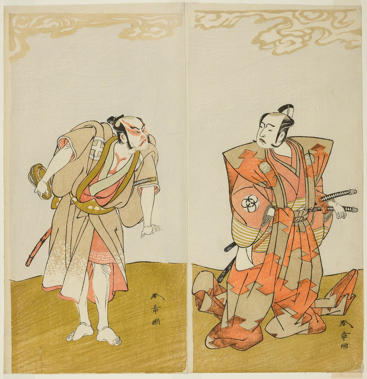 Die Schauspieler Bando Mitsugoro I als Hata no Kawakatsu (rechts) und Otani Hiroemon III als Diener (Yakko) Gansuke (links), im Stück Miya-bashira Iwao no Butai, aufgeführt im Morita Theater ab dem fünfzehnten Tag von Katsukawa Shunsho