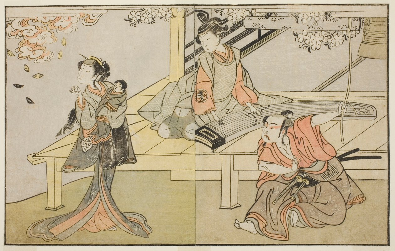 Die Schauspieler Ichikawa Yaozo II als Yoshimine no Munesada (rechts), Yoshizawa Sakinosuke III als Shizuya (Mitte) und Nakamura Matsue I als Sakuragi (links), im Stück Kuni no Hana Ono no Itsumoji, aufgeführt im Nakamura-Theater im elften Monat, 1771 von Katsukawa Shunsho