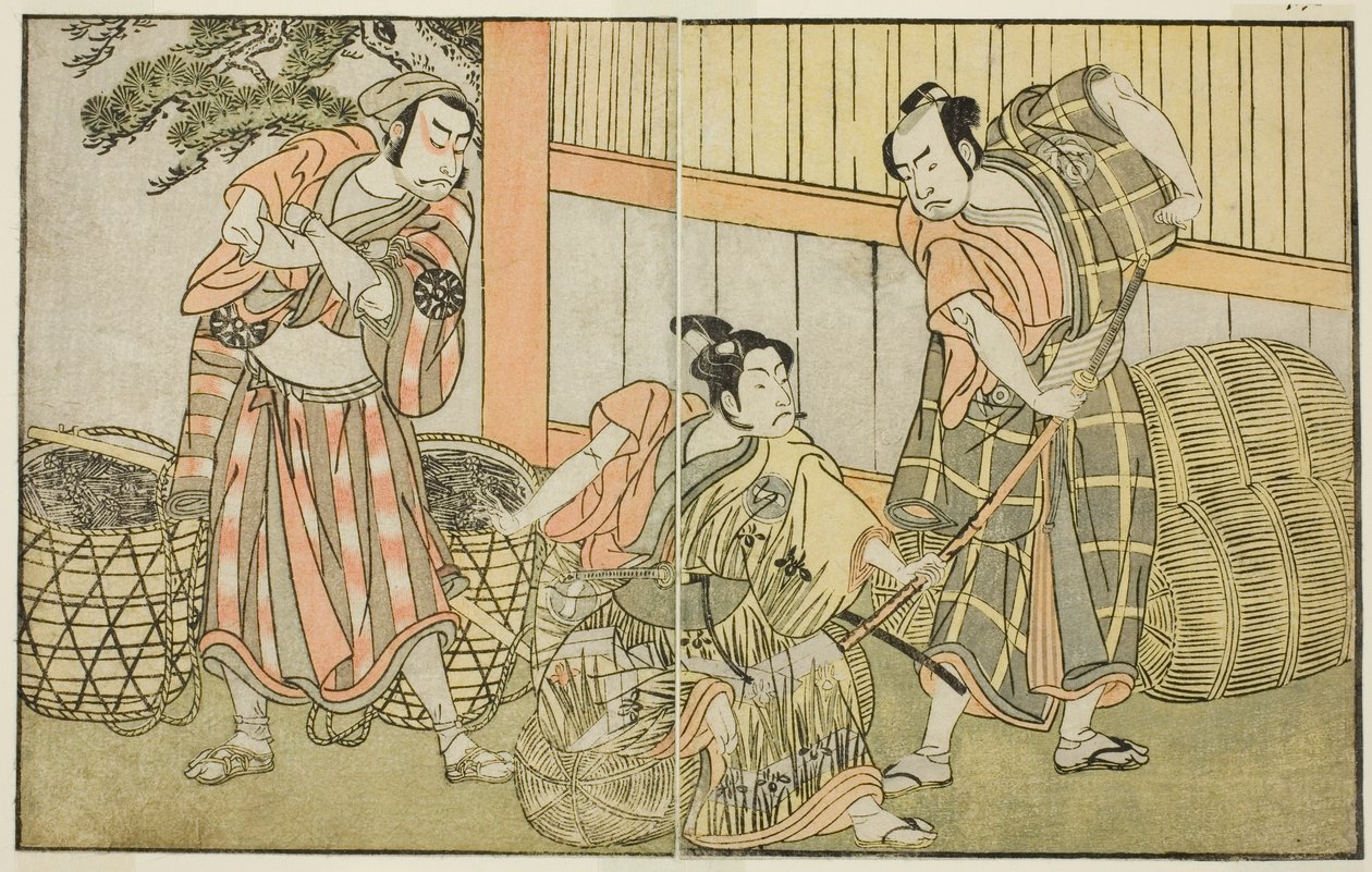 Die Schauspieler Kasaya Matakuro II als Hagun Taro (rechts), Ichikawa Monnosuke II als Izutsu no Suke Narihira (Mitte) und Nakamura Nakazo I als Kose no Kanaoka verkleidet als Sogoro der Holzkohlemacher, im Stück Kuni no Hana Ono no Itsumoji, aufgeführt im von Katsukawa Shunsho