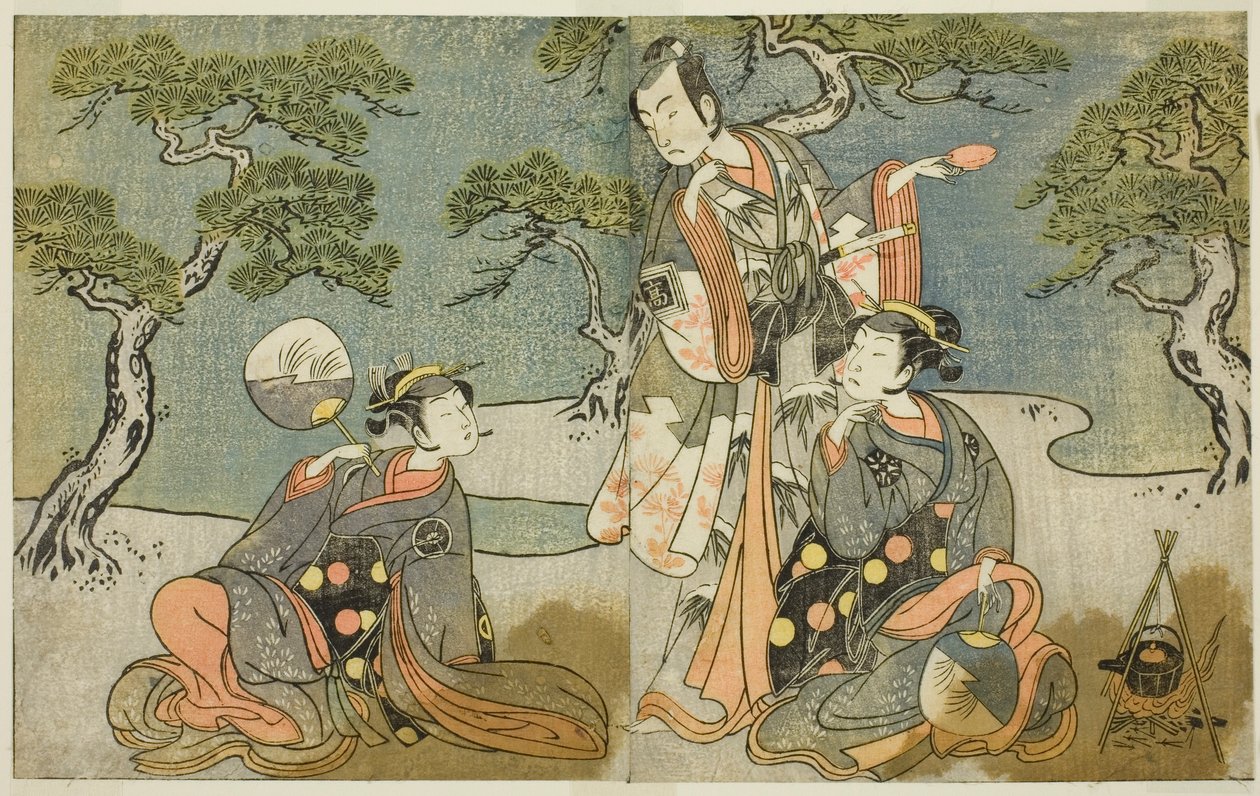 Die Schauspieler Nakamura Nakazo I als Matsukaze (rechts), Ichikawa Komazo II als Ariwara no Yukihira (Mitte) und Iwai Hanshiro IV als Murasame (links), im Stück Kuni no Hana Ono no Itsumoji, aufgeführt im Nakamura Theater im elften Monat, 1771 von Katsukawa Shunsho