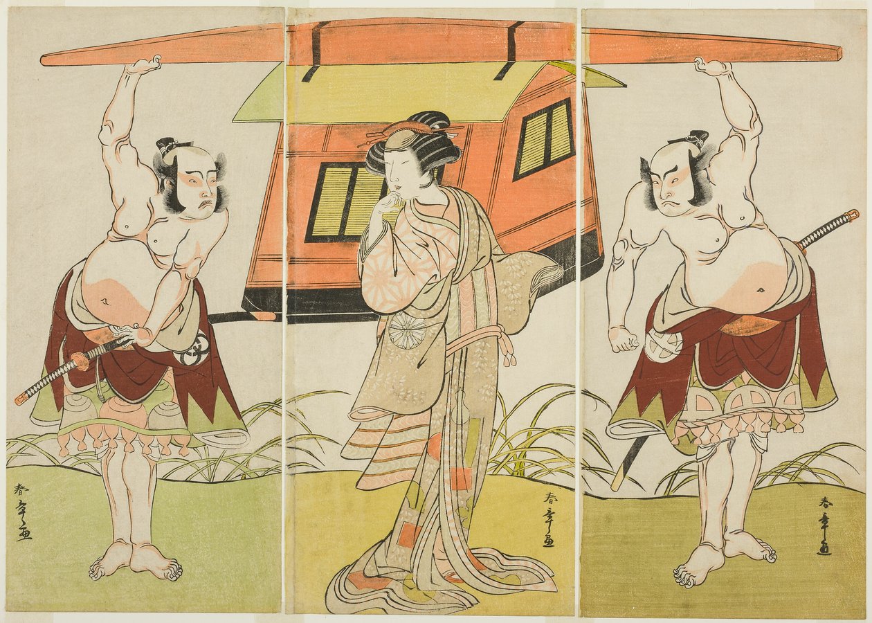 Die Schauspieler Otani Hiroji III als Yokambei (rechts), Nakamura Tomijuro I als Kuzunoha (Mitte) und Bando Mitsugoro I als Yakambei (links) in der letzten Szene des Stücks Shinodazuma (Die Frau aus dem Shinoda-Wald), aufgeführt als Ergänzung zum Stück Kik von Katsukawa Shunsho