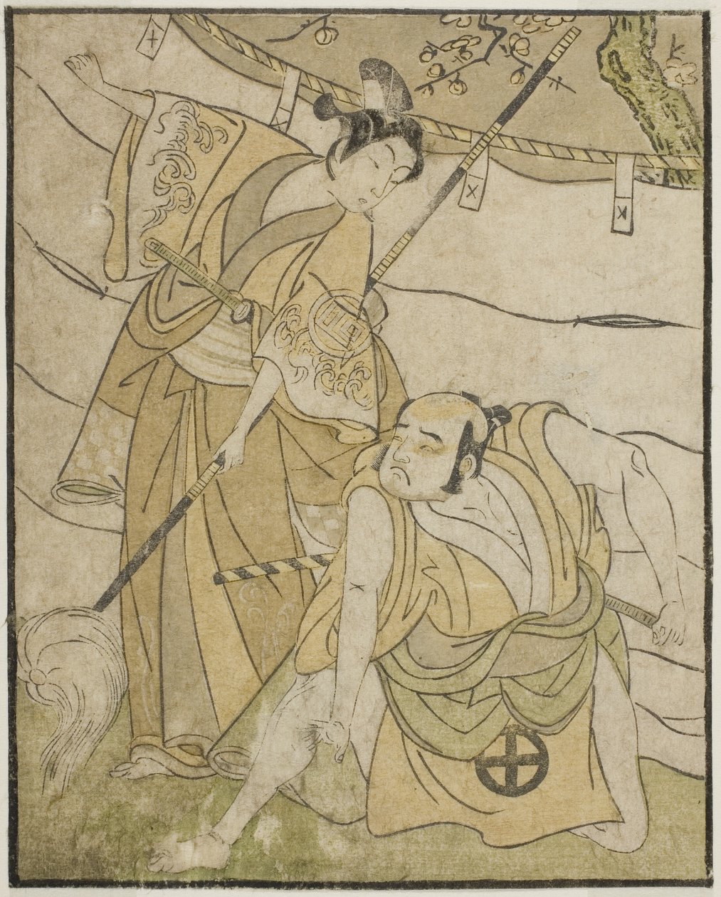 Die Schauspieler Otani Tomoemon I als Emohei (rechts) und Sanogawa Ichimatsu II als Sanada Yoichi (links) im Stück Myoto-giku Izu no Kisewata, aufgeführt im Ichimura-Theater im elften Monat, 1770 von Katsukawa Shunsho
