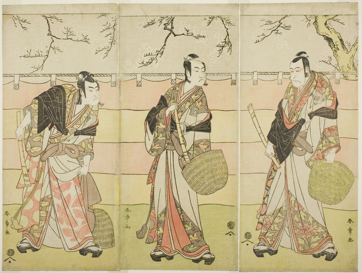 Drei Komuso-Mönche: Die Schauspieler Ichikawa Ebizo (Danjuro V) als Kudo Suketsune (rechts), Ichikawa Monnosuke II als Soga no Juro Sukenari (Mitte) und Ichikawa Omezo I als Soga no Goro Tokimune (links), in Akt Sechs des Stücks Waka Murasaki Edokko Soga ( von Katsukawa Shunsho