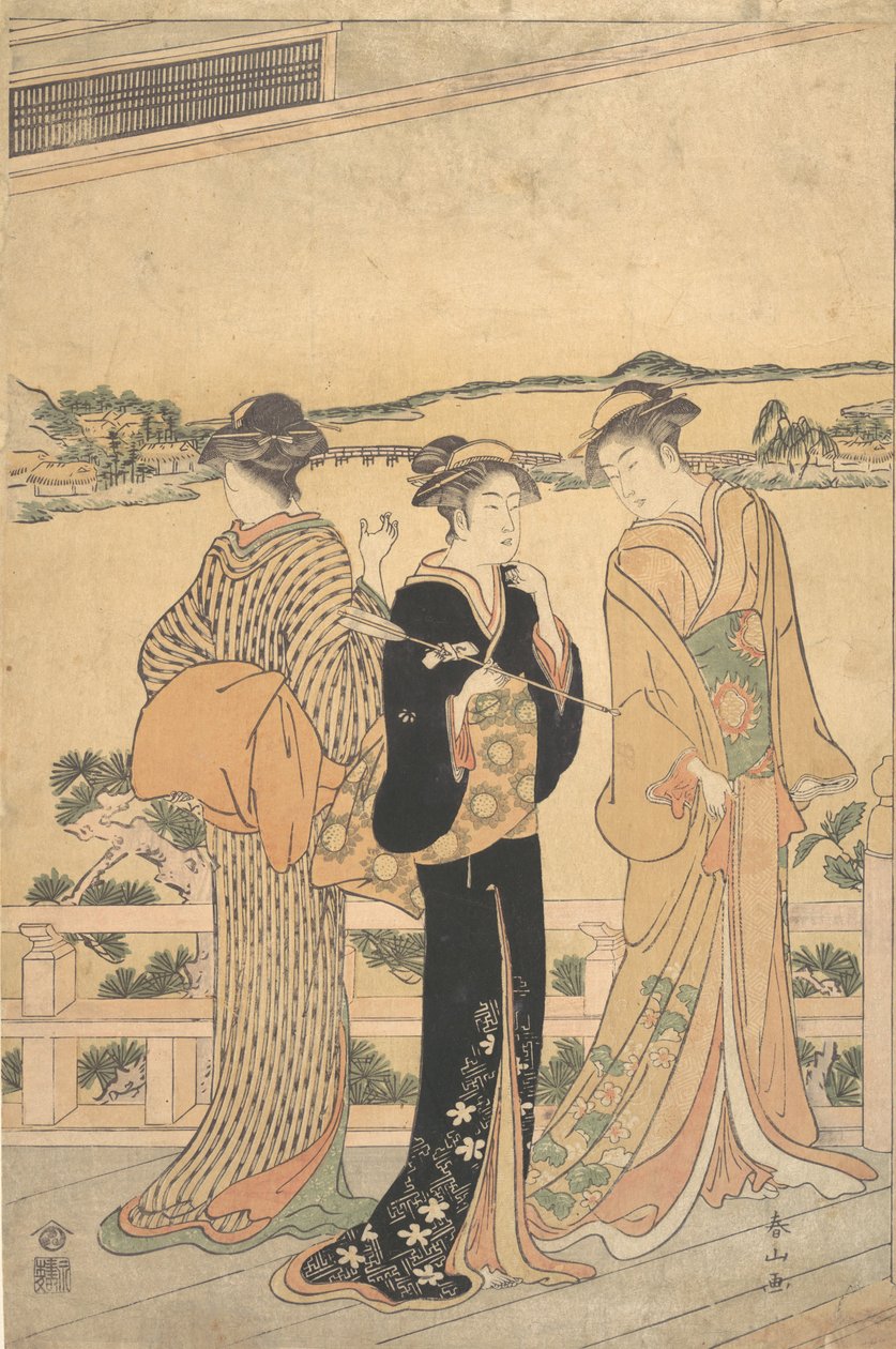 Drei Frauen auf einer Veranda mit Blick auf eine Bucht von Katsukawa Shunzan