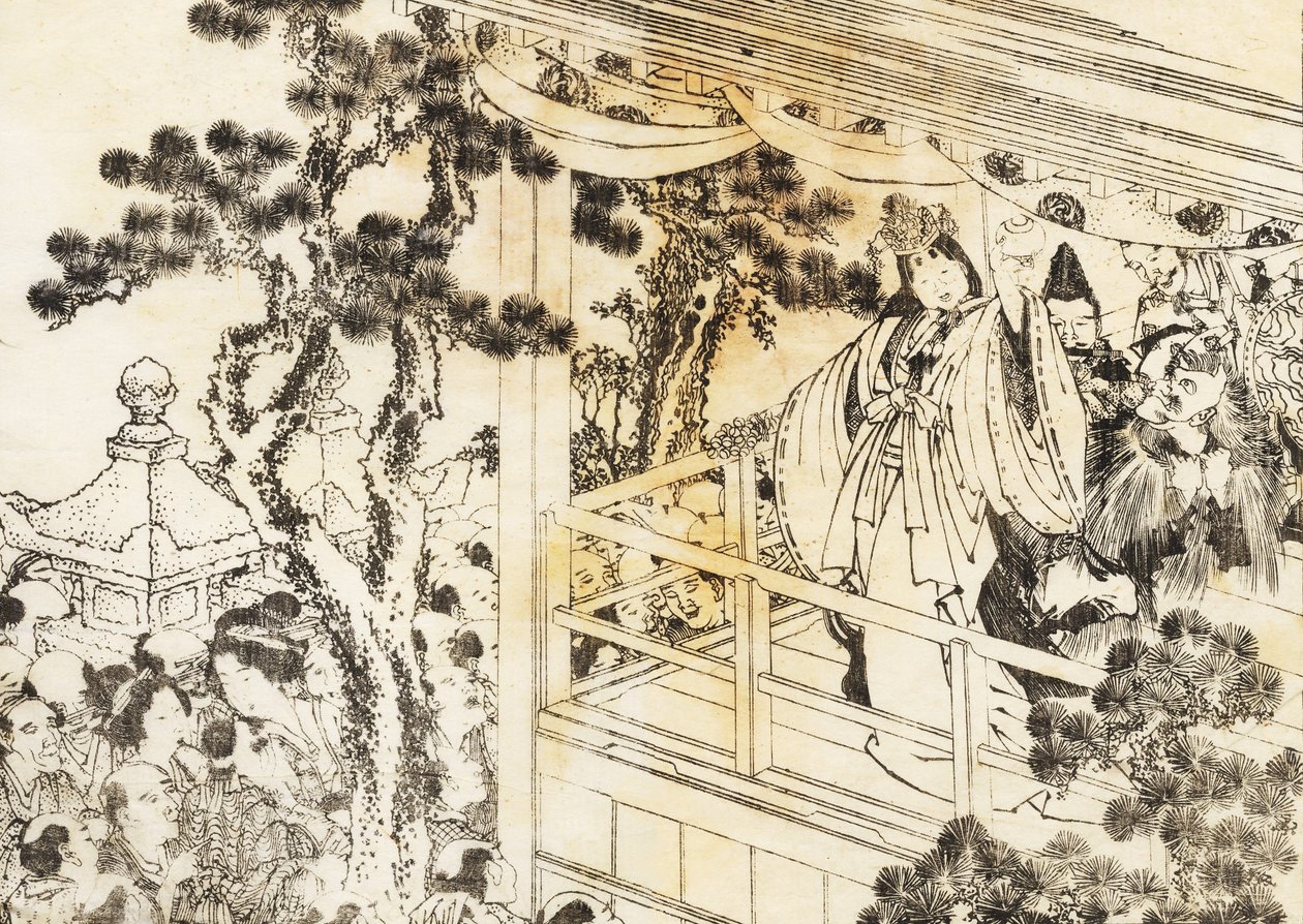 Eine Szene eines Shinto-Schreintanzes von Katsushika Hokusai