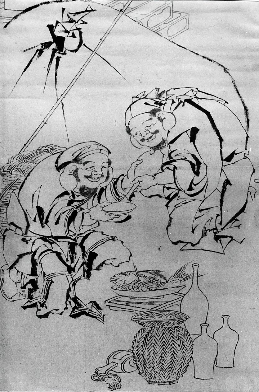 Ebisu und Daikoku feiern das Neujahrsfest, 18.-19. Jahrhundert von Katsushika Hokusai