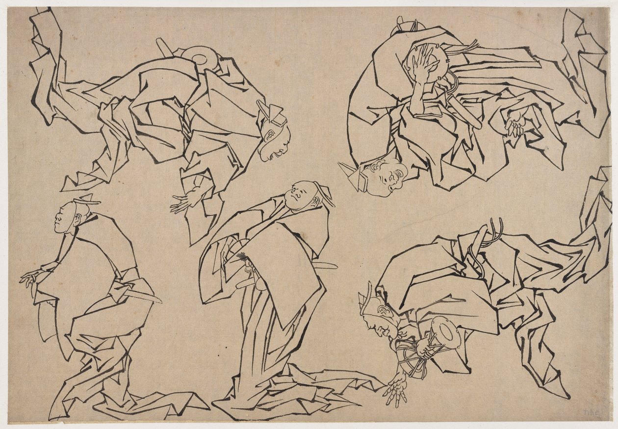 Fünf Musiker spielen Trommeln, spätes 18. - frühes 19. Jahrhundert von Katsushika Hokusai