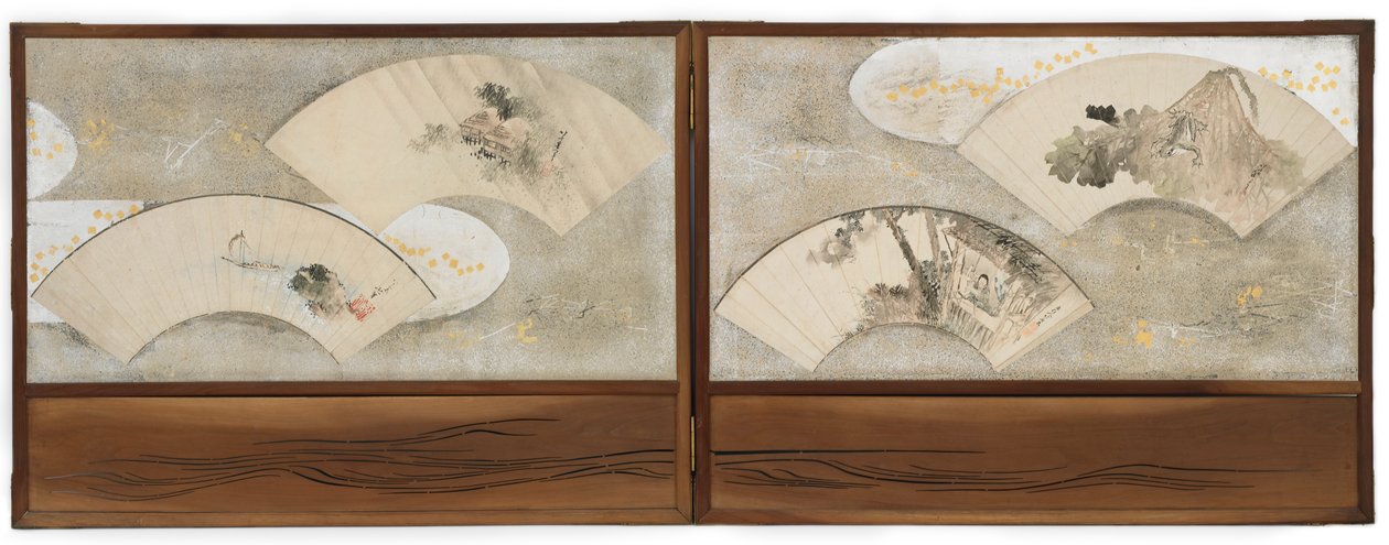 Vier Fächerbilder auf einem Bildschirm montiert von Katsushika Hokusai