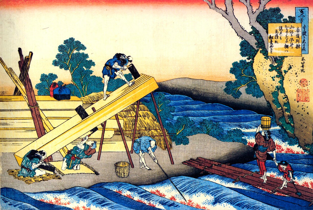 Aus der Serie Hundert Gedichte von hundert Dichtern: Harumichi no Tsuraki, um 1830 von Katsushika Hokusai
