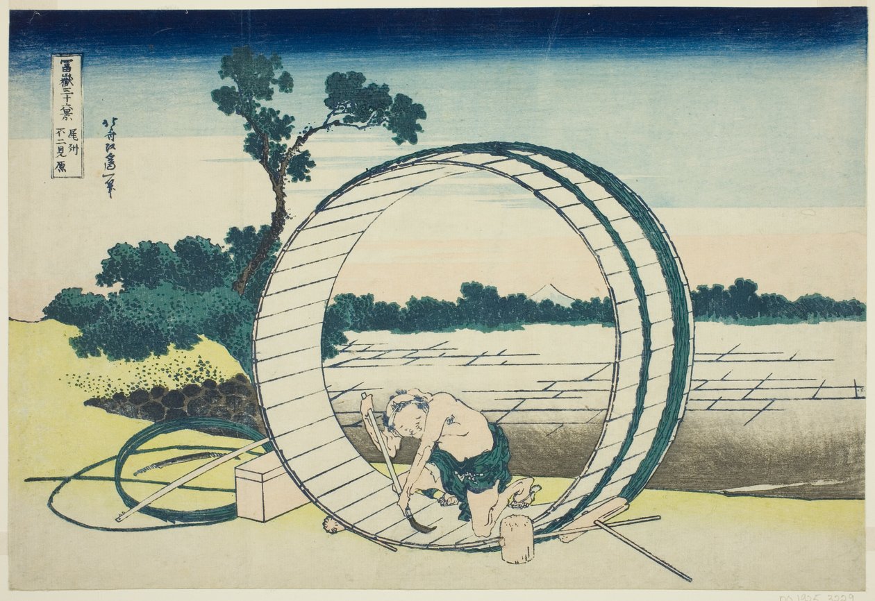 Fujimigahara in der Provinz Owari (Bishu Fujimigahara), aus der Serie "Sechsunddreißig Ansichten des Berges Fuji (Fugaku sanjurokkei)" von Katsushika Hokusai