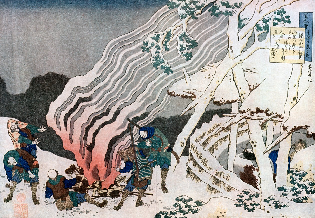 Jäger am Feuer im Schnee, ca. 1835 von Katsushika Hokusai