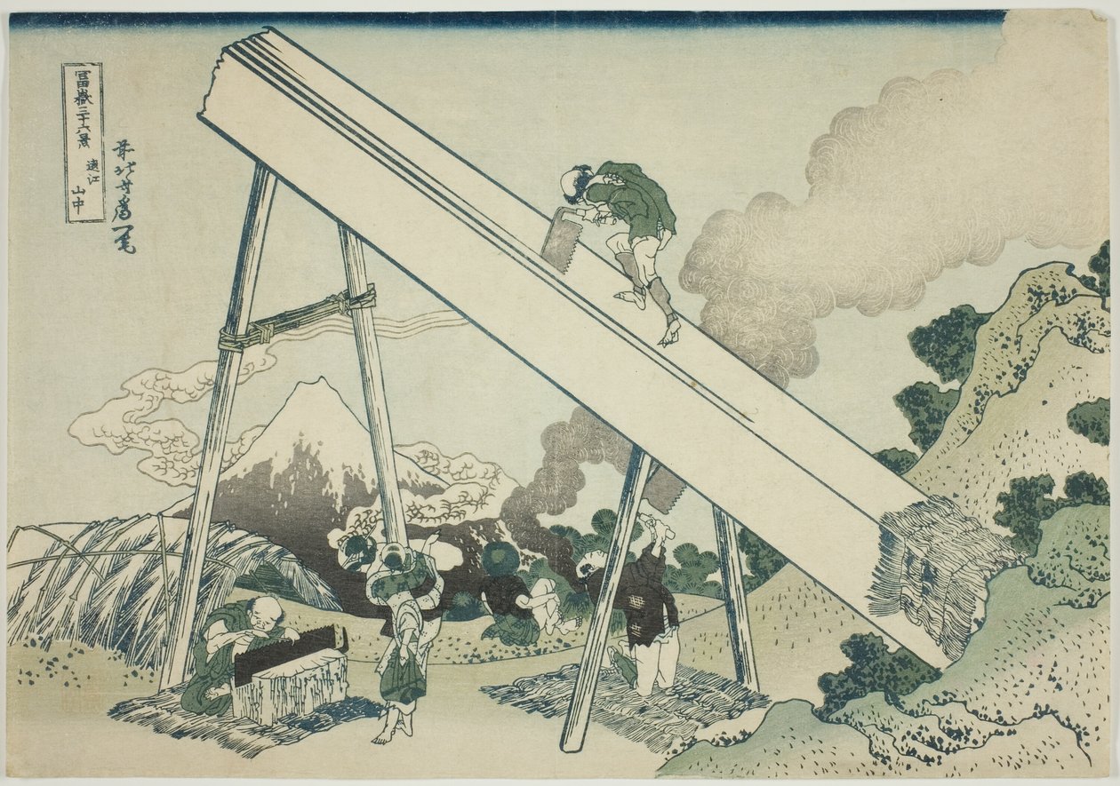 In den Bergen von Totomi (Totomi sanchu), aus der Serie "Sechsunddreißig Ansichten des Berges Fuji (Fugaku sanjurokkei)" von Katsushika Hokusai