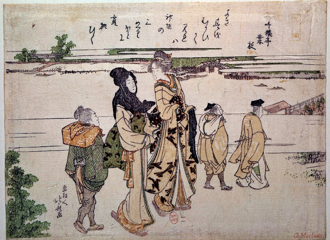 Der Spaziergang am Wasser von Katsushika Hokusai