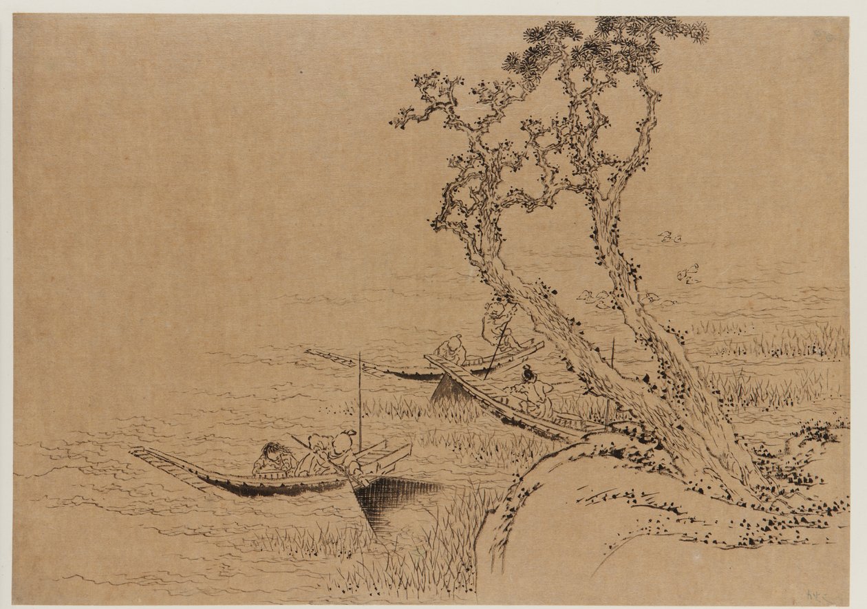 Landschaft: Figuren beim Angeln von Booten, spätes 18. - frühes 19. Jahrhundert von Katsushika Hokusai