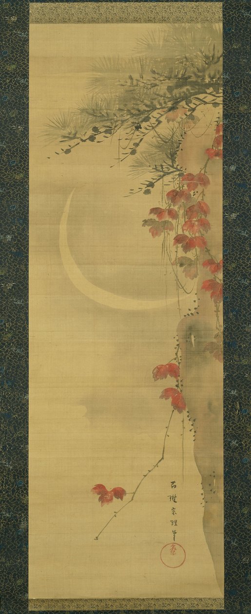 Mond, Kiefer und Ahorn von Katsushika Hokusai