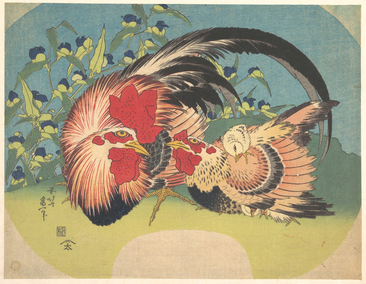 Hahn, Henne und Küken mit Spinnenblume von Katsushika Hokusai