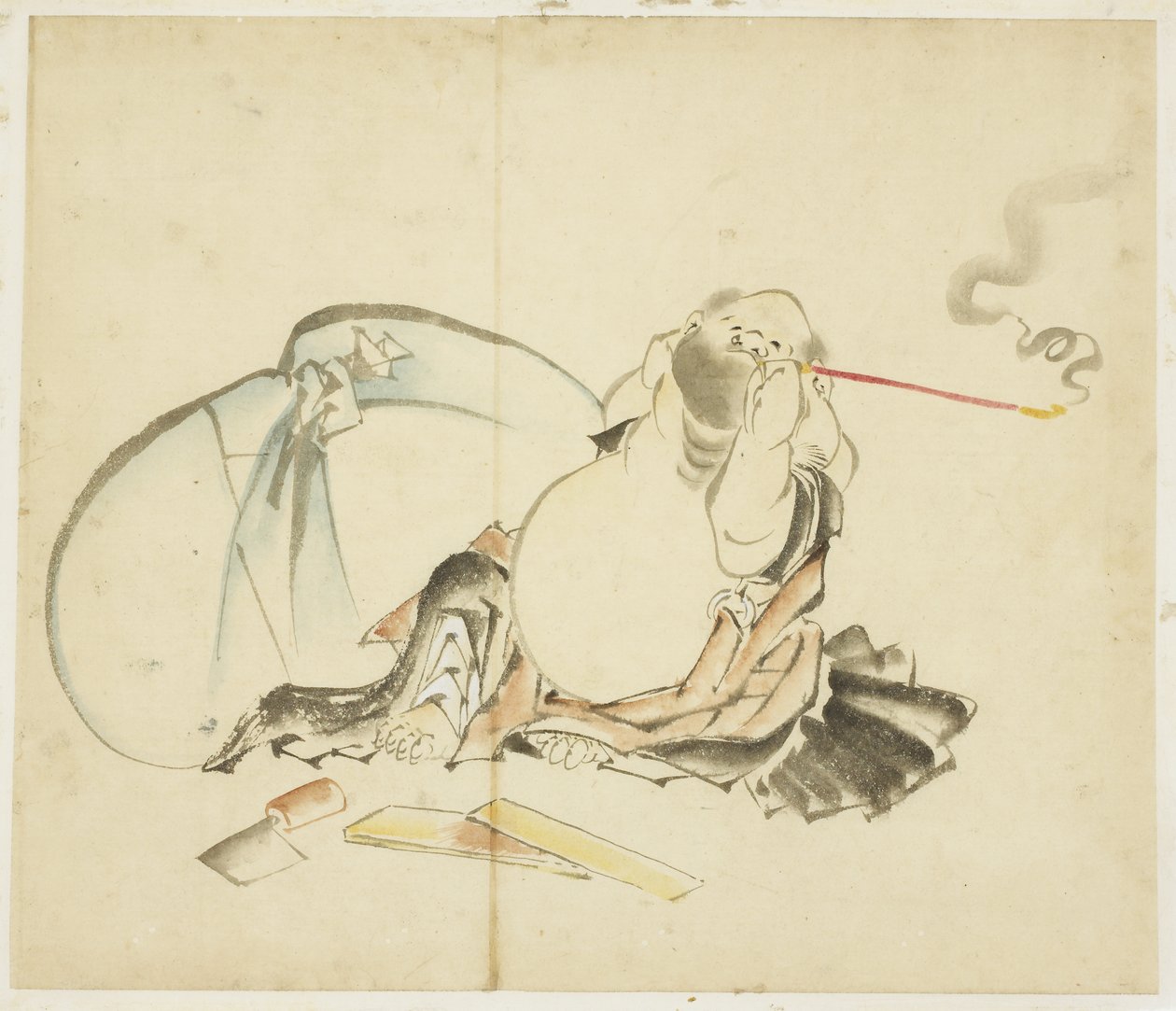 Sitzender Hotei, der eine Pfeife raucht von Katsushika Hokusai