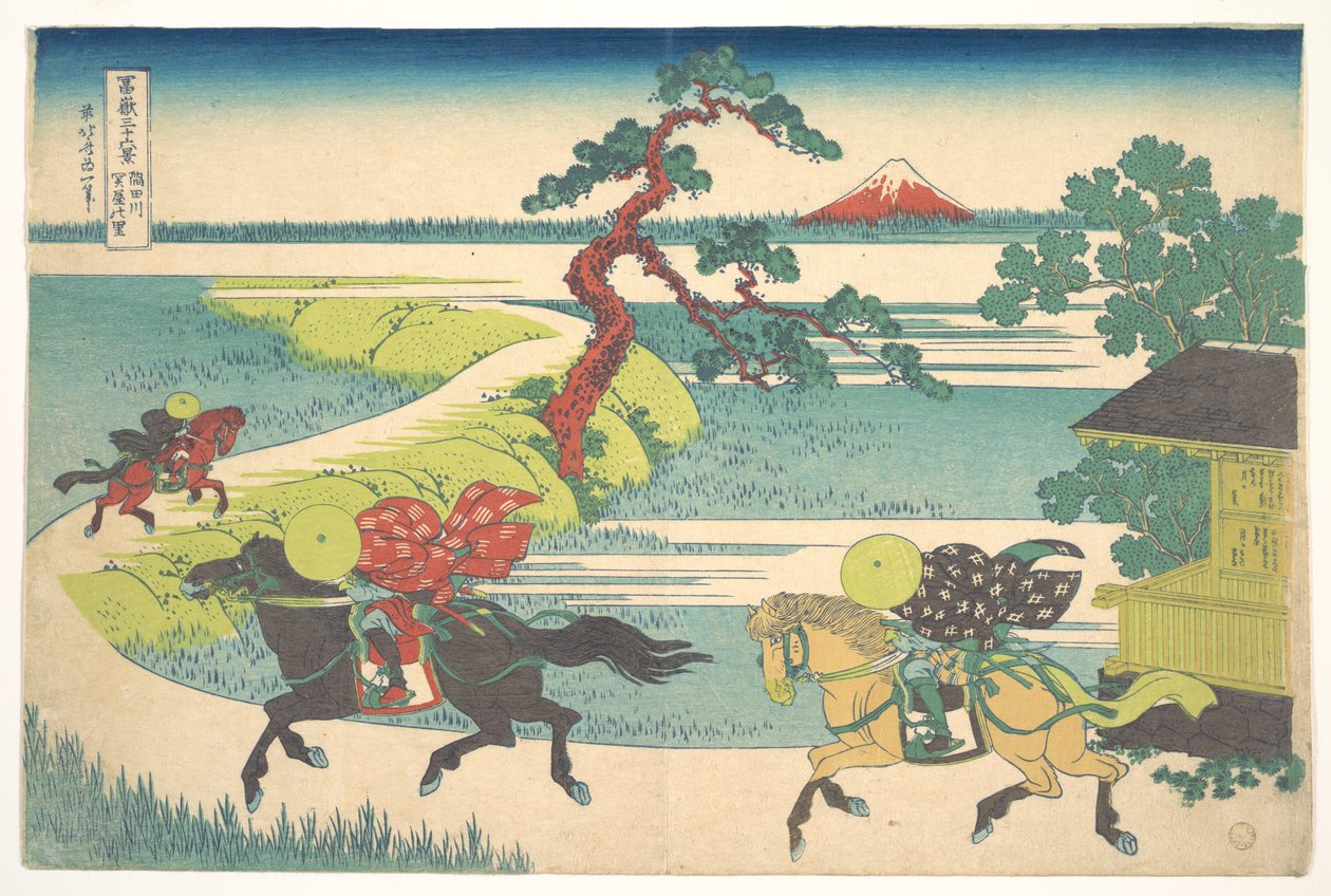 Sekiya-Dorf am Sumida-Fluss (Sumidagawa Sekiya no sato), aus der Serie Sechsunddreißig Ansichten des Berges Fuji (Fugaku sanjūrokkei) von Katsushika Hokusai