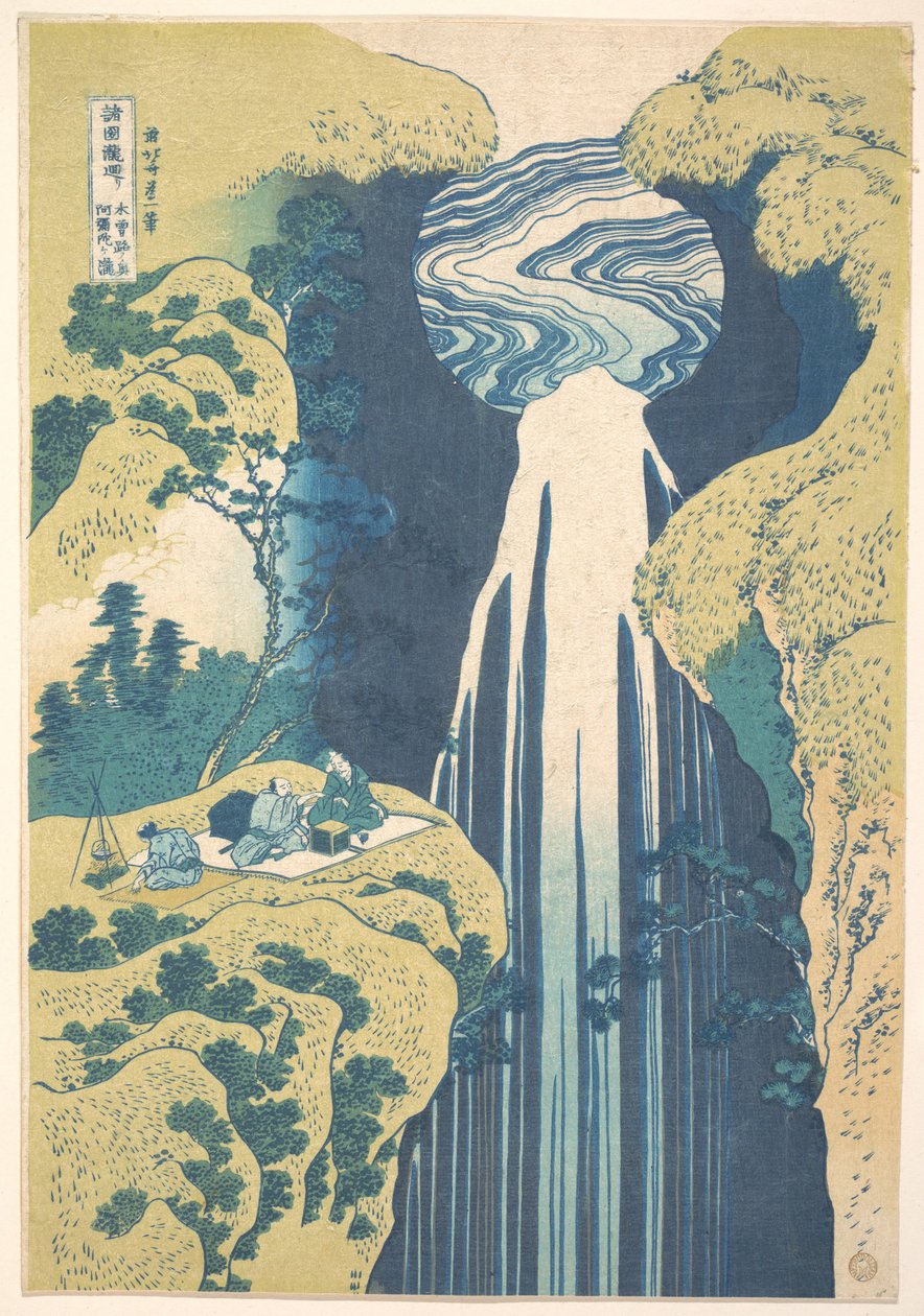 Der Amida-Wasserfall in den fernen Ausläufern der Kisokaidō-Straße (Kisoji no oku Amida-ga-taki), aus der Serie Eine Tour zu Wasserfällen in verschiedenen Provinzen (Shokoku taki meguri) von Katsushika Hokusai