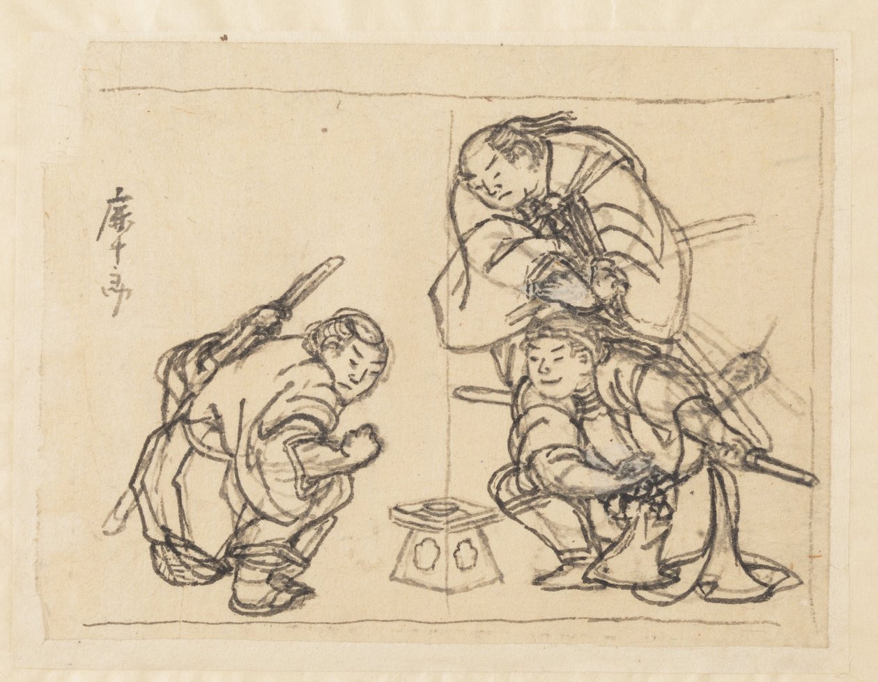 Drei Männer mit einem Tablett von Katsushika Hokusai