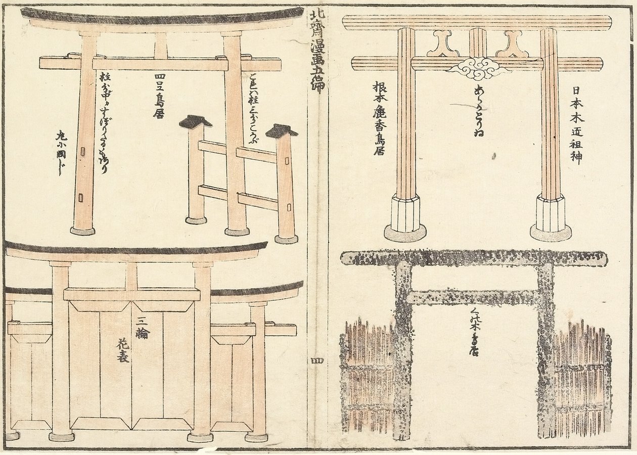 Verschiedene Arten von Torii-Bögen, 1816 von Katsushika Hokusai