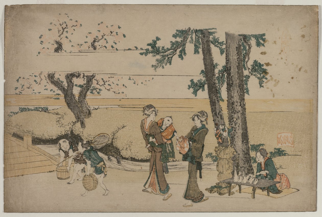 Frau passiert einen Straßenladen in der Nähe von Oji, frühe 1800er von Katsushika Hokusai