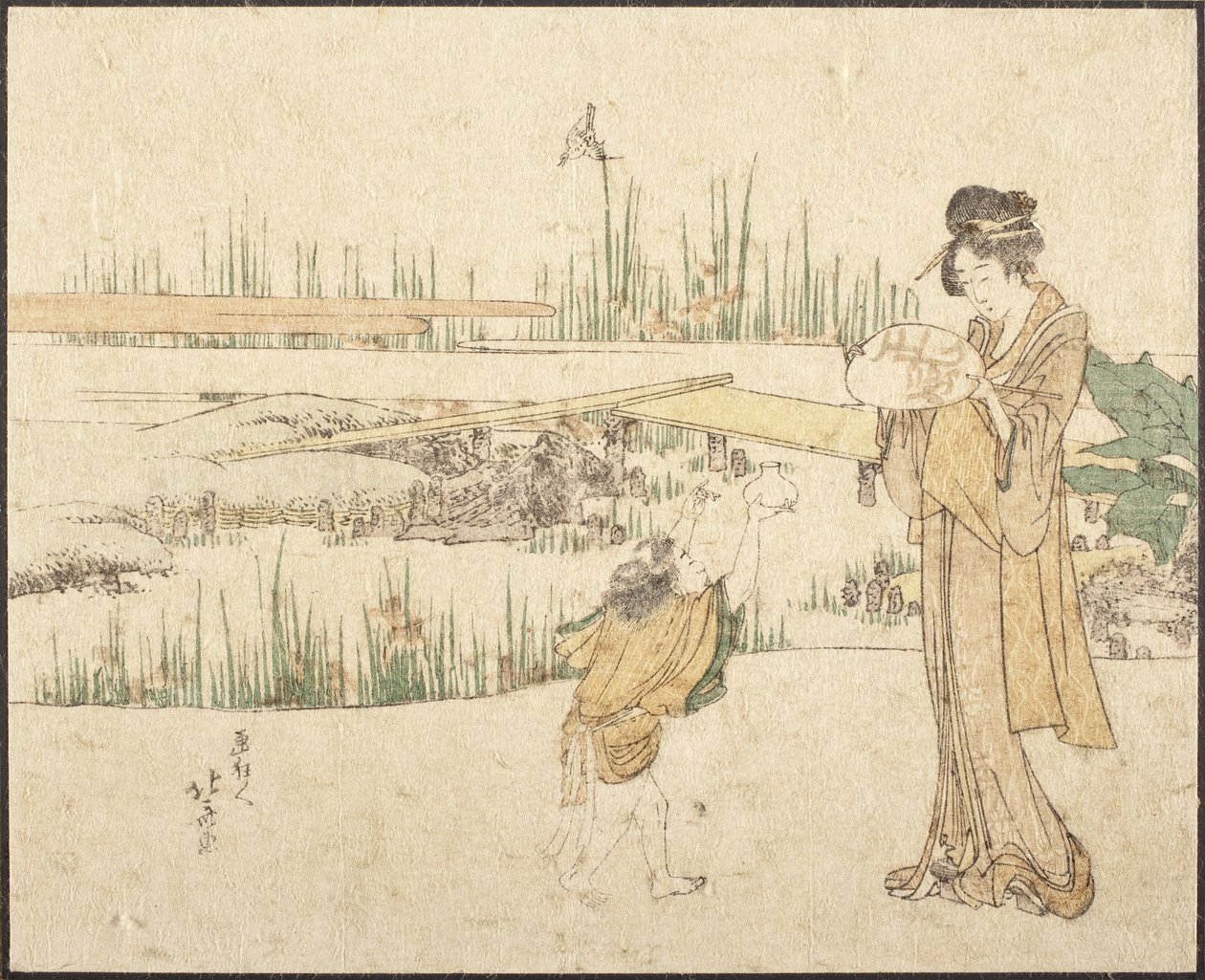 Frau und Kind im Garten; Fragment des Goldfischverkäufers von Katsushika Hokusai