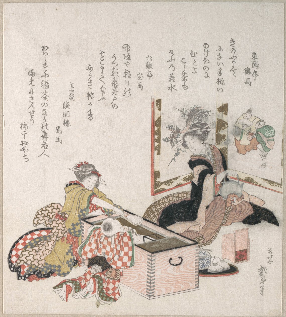 Frauen bereiten Tee um den Feuerhalter vor von Katsushika Hokusai