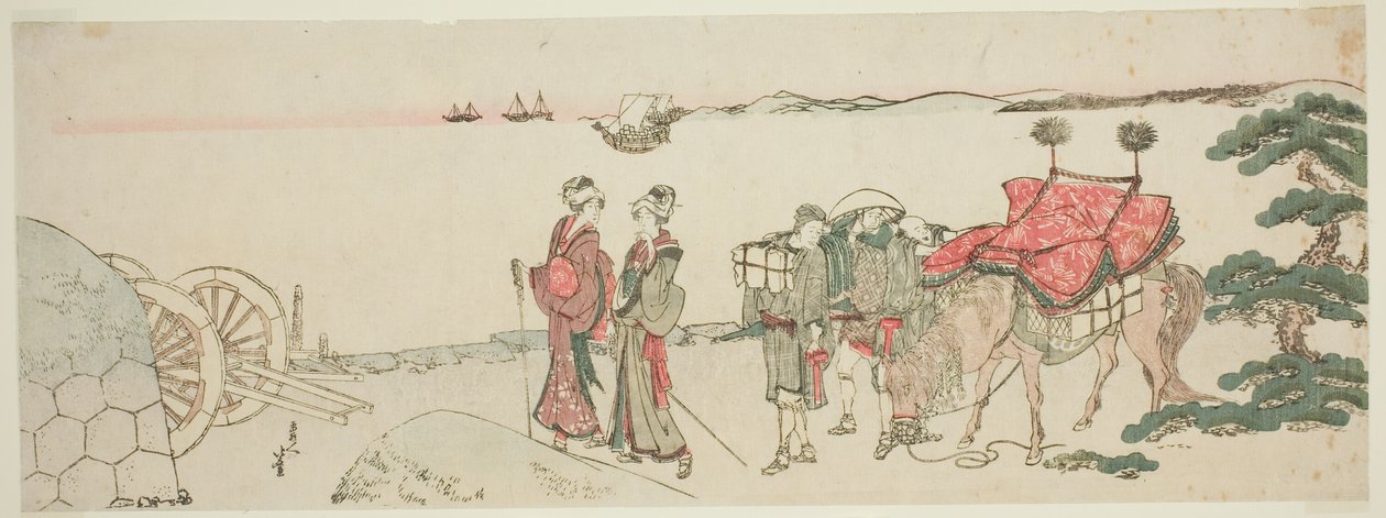 Frauen und Begleiter am Strand von Tanakawa von Katsushika Hokusai