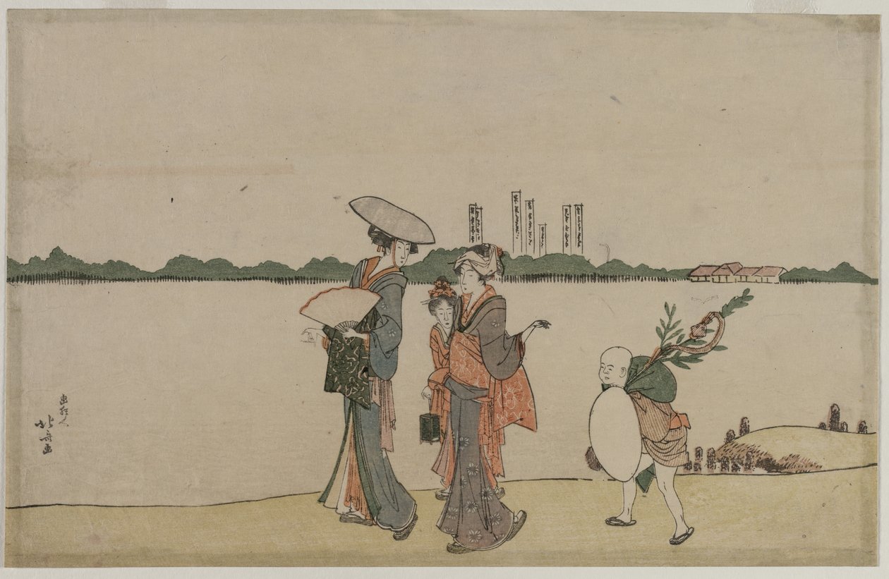Frauen und Kinder gehen entlang des Sumida-Flusses von Katsushika Hokusai