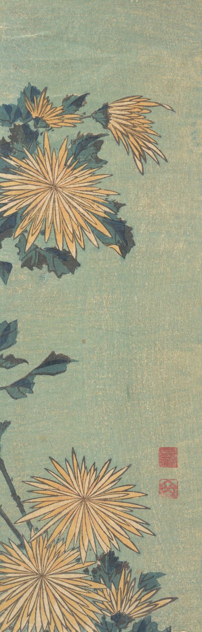 Gelbe Chrysanthemen auf blauem Grund von Katsushika Hokusai