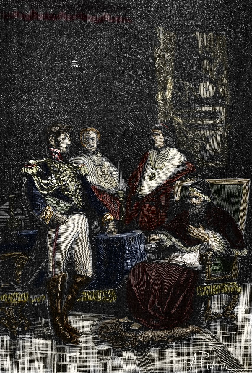 General Cervoni forderte Papst Pius VI. 1798 auf, seine weltliche Souveränität abzudanken. 1882 (Gravur) von Alec Hunter