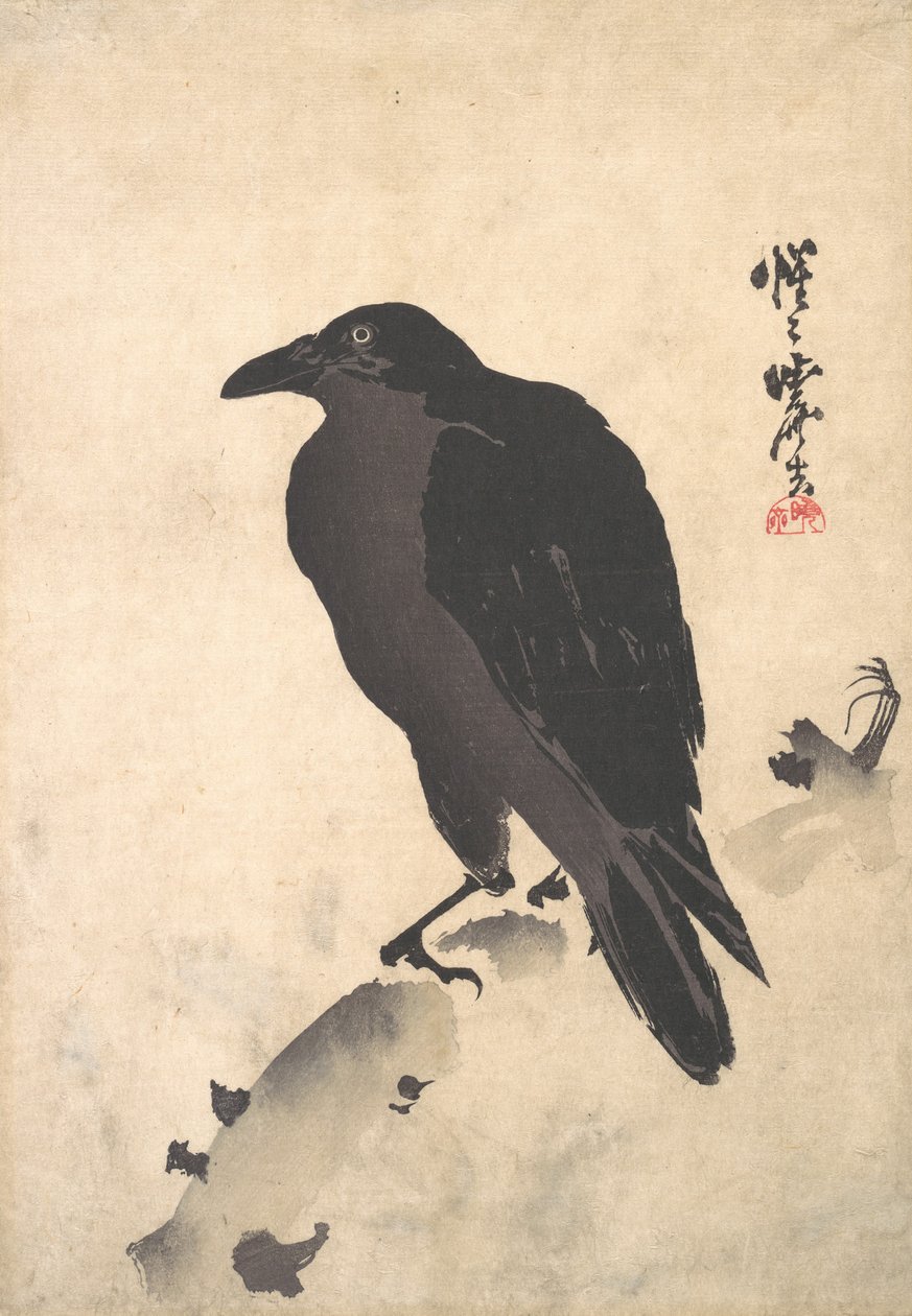 Krähe ruht auf Holzstamm, Mitte bis Ende 19. Jahrhundert von Kawanabe Kyosai