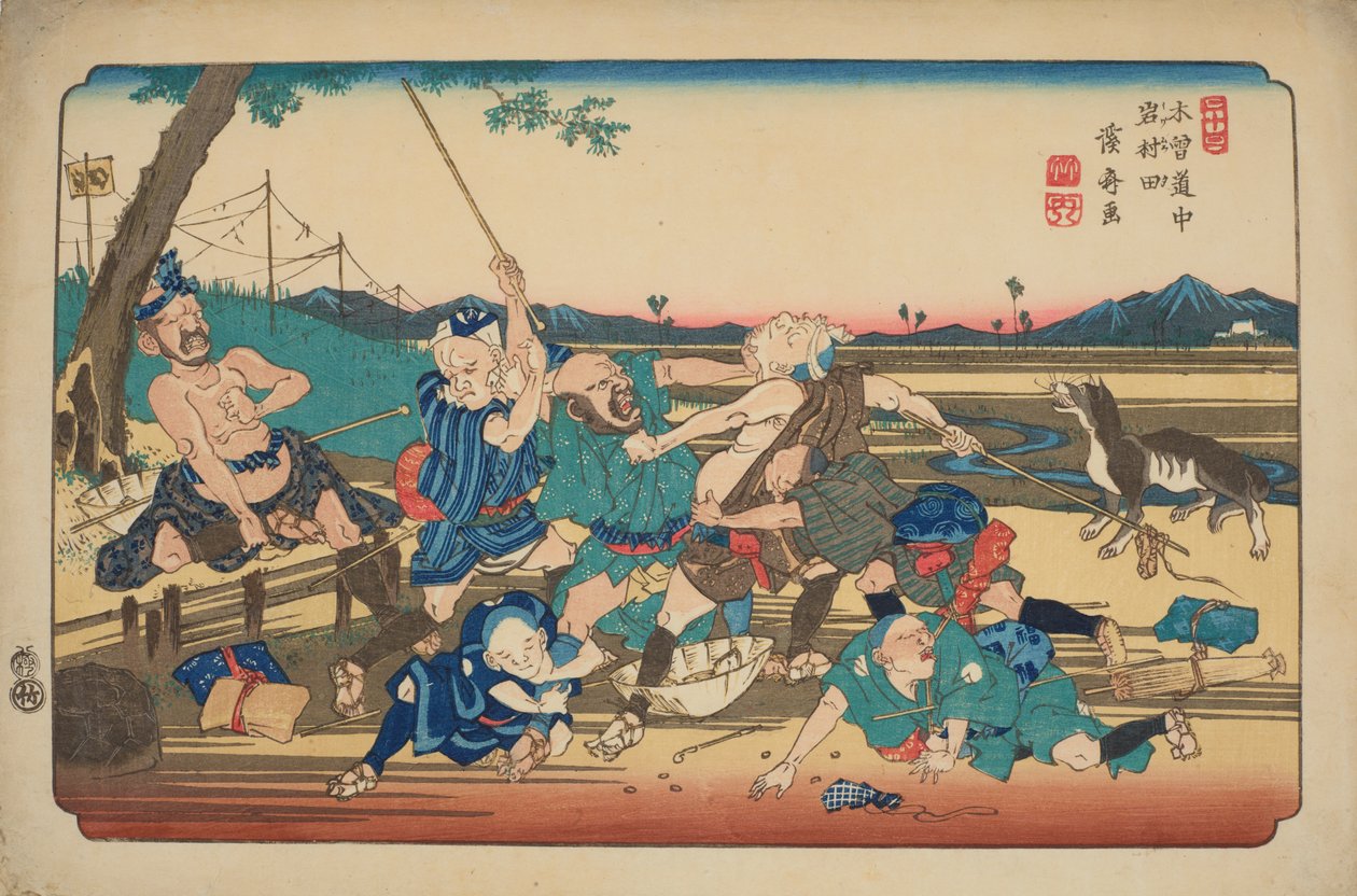 Iwamurata, Kampf der Blinden, Tafel 23. aus der Serie: Neunundsechzig Etappen der Kisokaido-Straße von Keisai Eisen