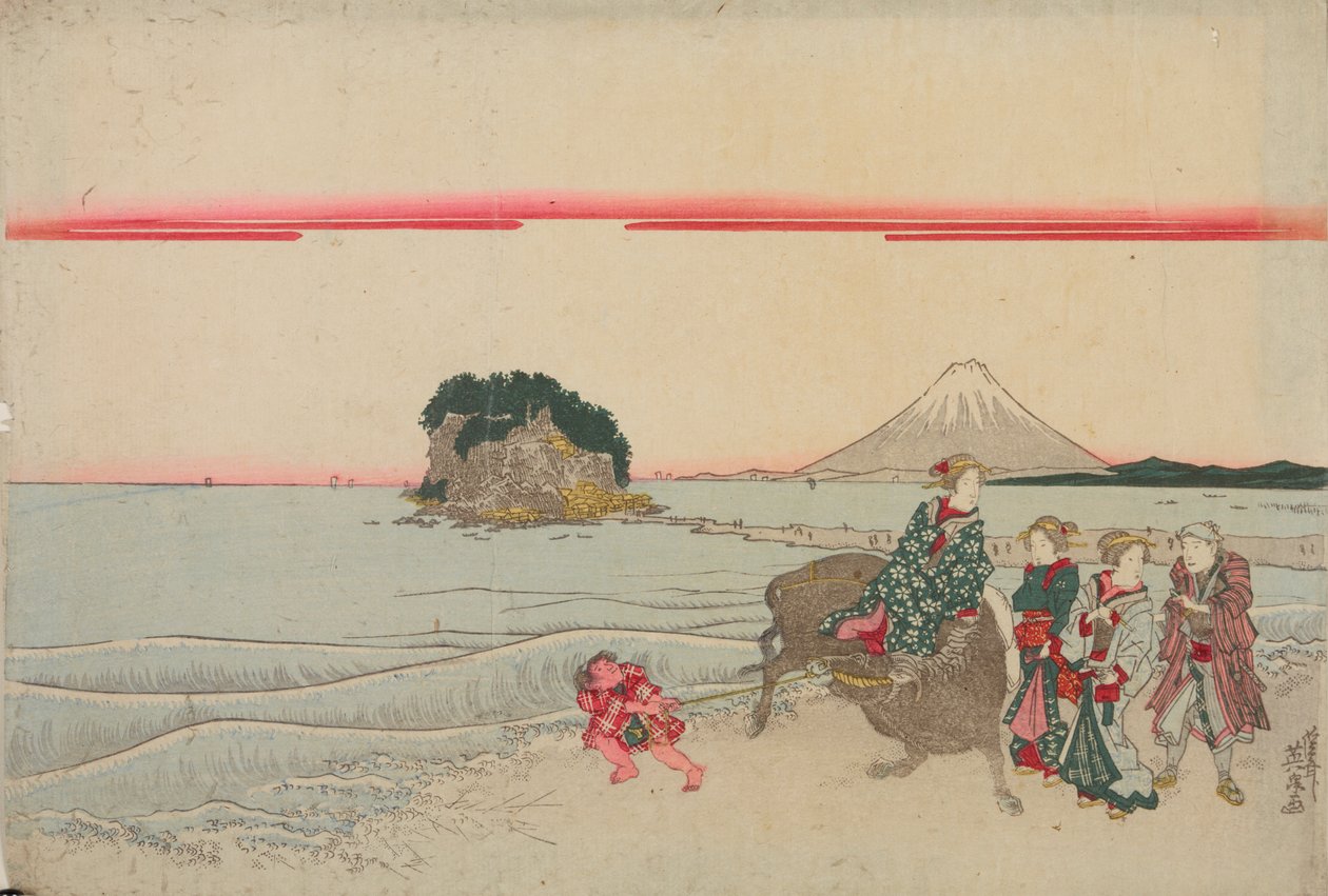 Frau auf einem Büffel, Kind und drei Passanten am Meer vor der Insel Enoshima von Keisai Eisen