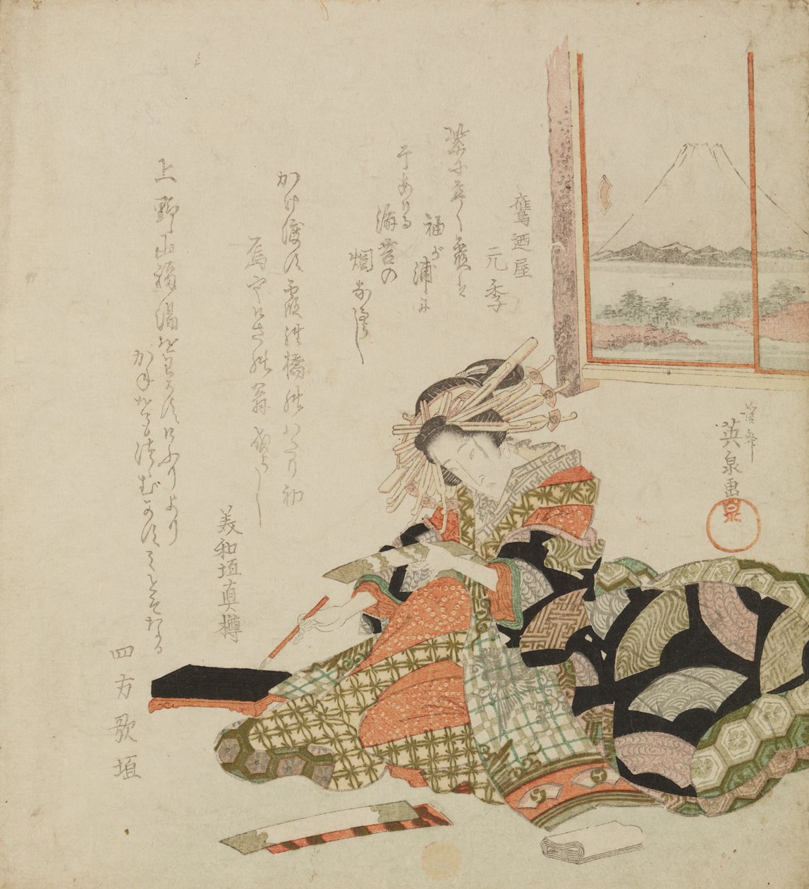 Kurtisane, die auf luxuriösem Papier schreibt / Tanzaku-o motsu yujo von Keisai Eisen