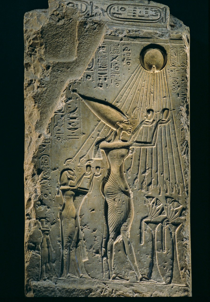 Relief von Echnaton unter Aton, Balustrade, Amenhotep IV. Als Pharao ist Echnaton bekannt für seine religiösen Reformen, 2009 von Kenneth Garrett