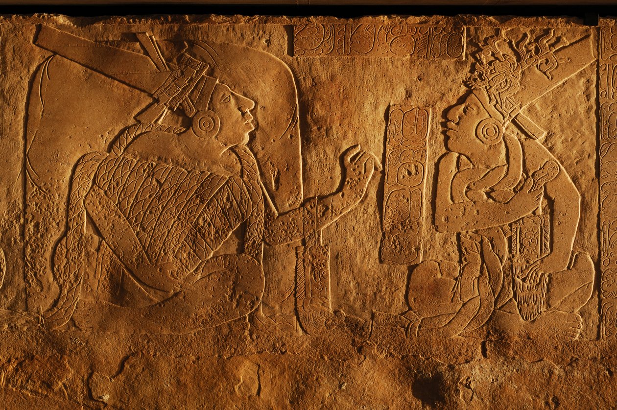 Tempel 19 Thronbank, Palenque, Mexiko, Schnitzerei von Akhal Mo Nab, 2005 von Kenneth Garrett