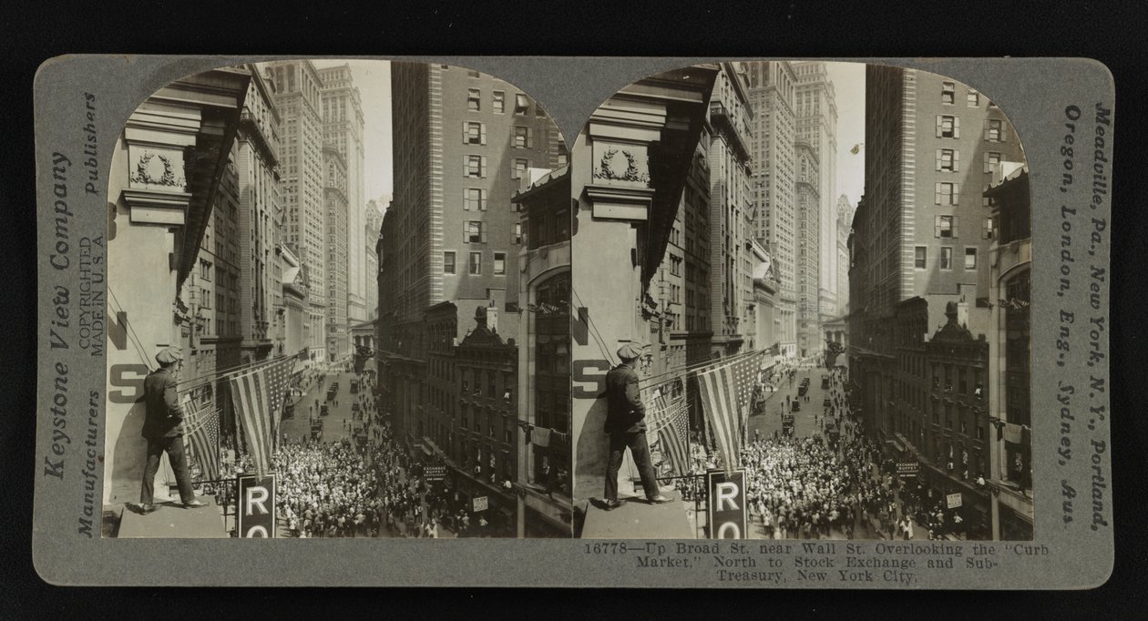 Oben Broad St. in der Nähe von Wall St., mit Blick auf den "Curb Market", nach Norden zur Börse und Sub-Treasury, New York City von Keystone View Company