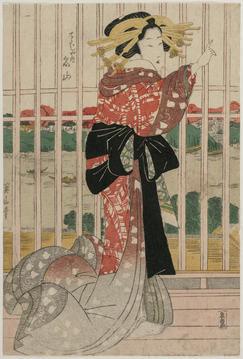 Die Kurtisane Meizan vom Chojiya auf einem Balkon mit Blick auf den Sumida-Fluss von Kikukawa Eizan