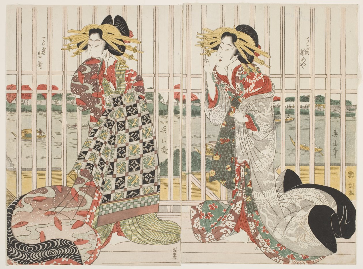 Die Kurtisanen Hinaya und Karauta hinter dem vergitterten Fenster des Chojiya-Hauses am Sumida-Fluss während der Kirschblütenzeit von Kikukawa Eizan