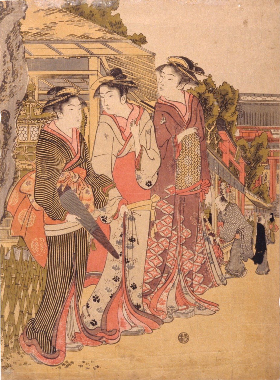 Drei Schönheiten auf dem Marktplatz von Kikukawa Eizan